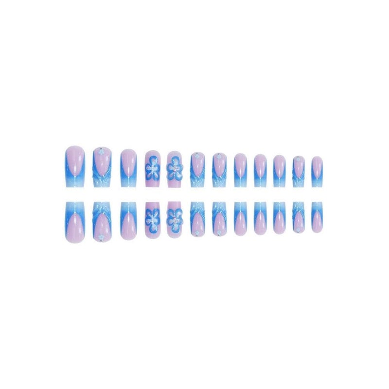 Sevgob 48Pcs Blue French Tips Press on Nails 3D Flower Press on Toenails Short Square Fake Nails with Flower Charm Design Floral False Toenails Glossy Reusable Summer False Nails for Women Girls Manicure - Image 3